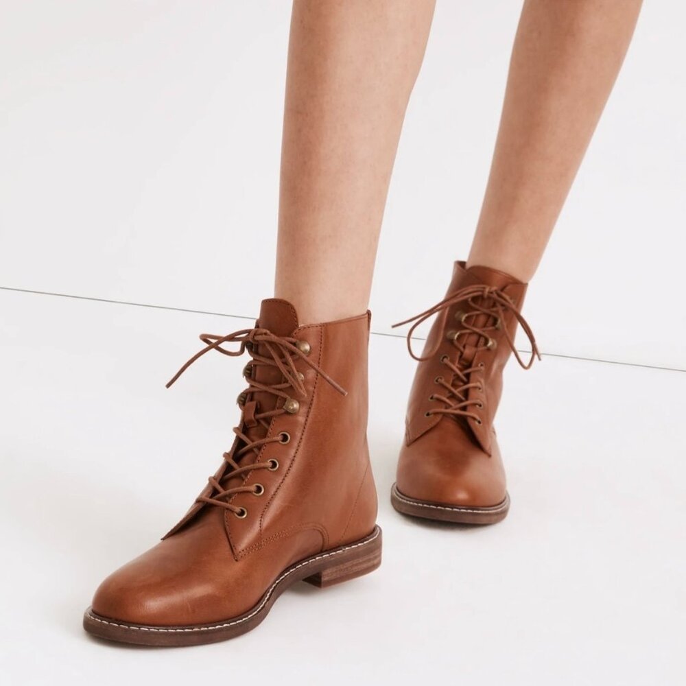 Madewell Womens The Kellie Lace Up Boot Combat Moto Brown Maple Leather size 8.5